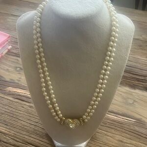 Classic Double Strand Pearl Necklace with Gold Heart